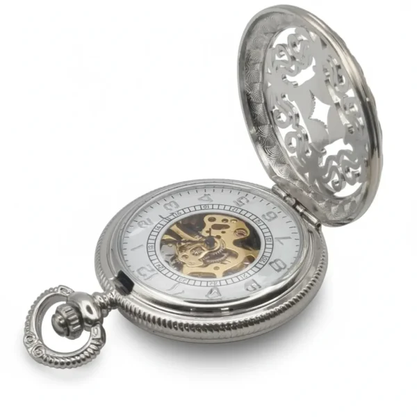 FAC-009-pocket-watch-5 Intricate Patterned Silver Half Hunter Pocket Watch