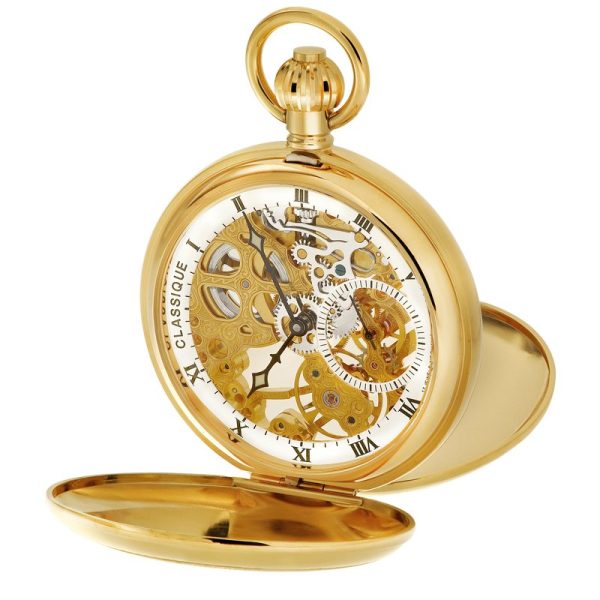 Gents 49mm Gold Plated Skeleton Mechanical Pocket Watch