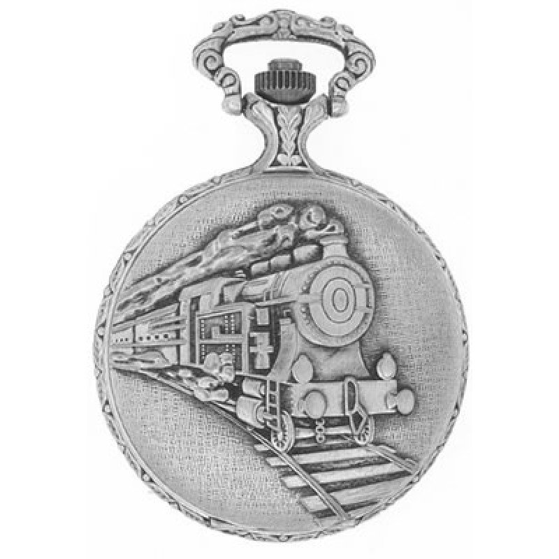 Gents 48mm Pewter Antique Rhodium Plated "Train" Swiss Quartz Pocket Watch