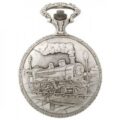 Gents 48mm Pewter Antique Rhodium Plated “Train” Swiss Quartz Pocket Watch
