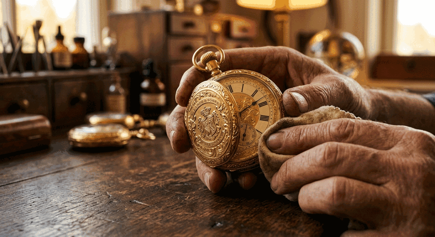 A watchmaker carefully polishing a pocket watch — essential care in Australian conditions
