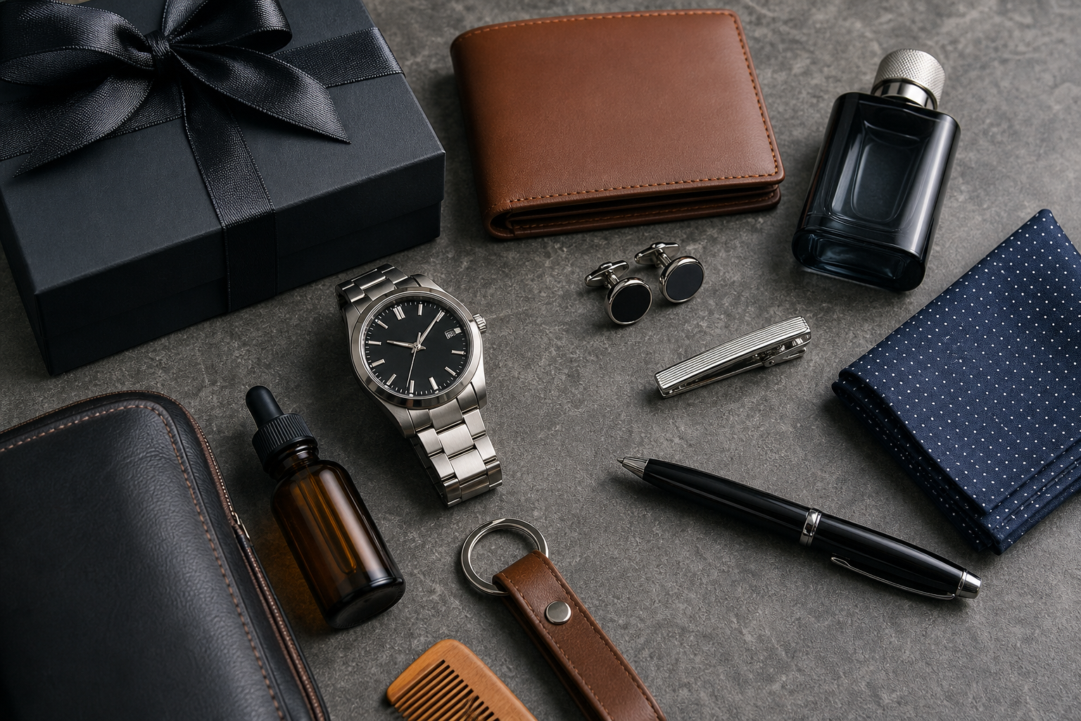 Flat-lay of a best man gift with cufflinks and a pocket watch