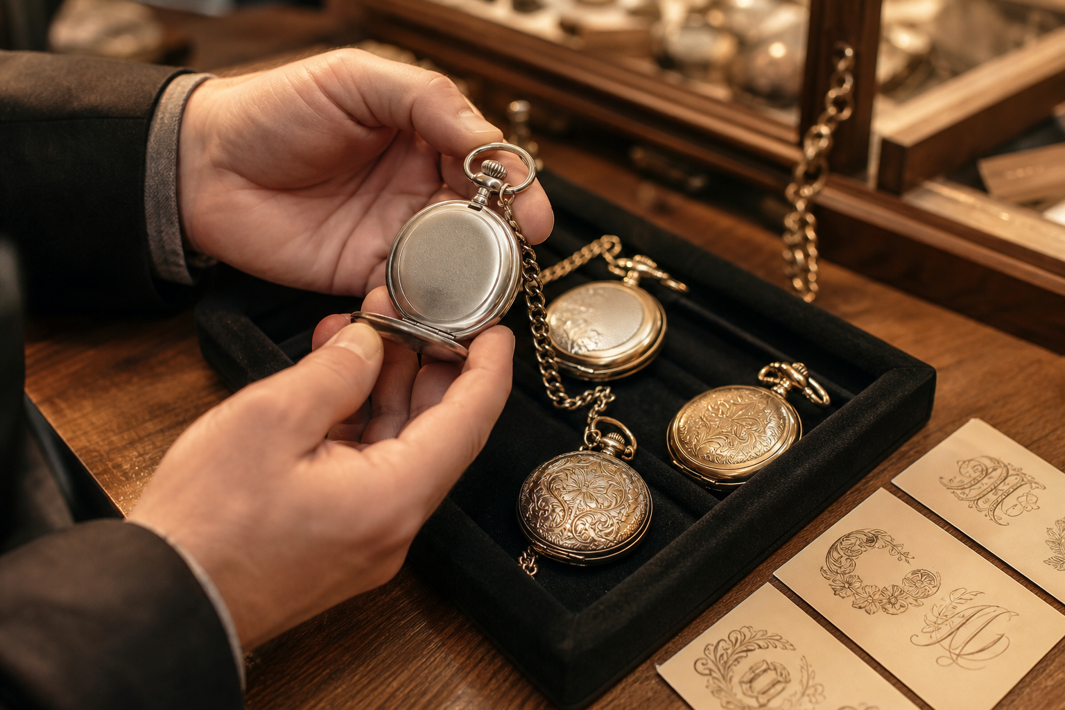 Checking engraving wording on a pocket watch before ordering