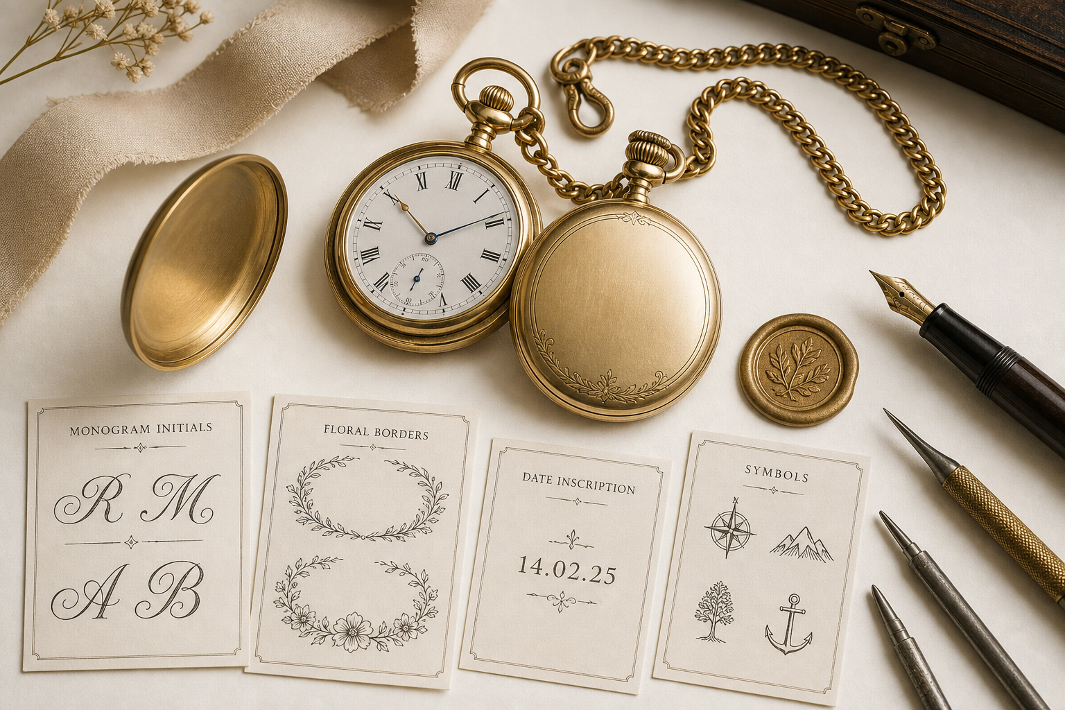 Close-up of a pocket watch case back with its chain