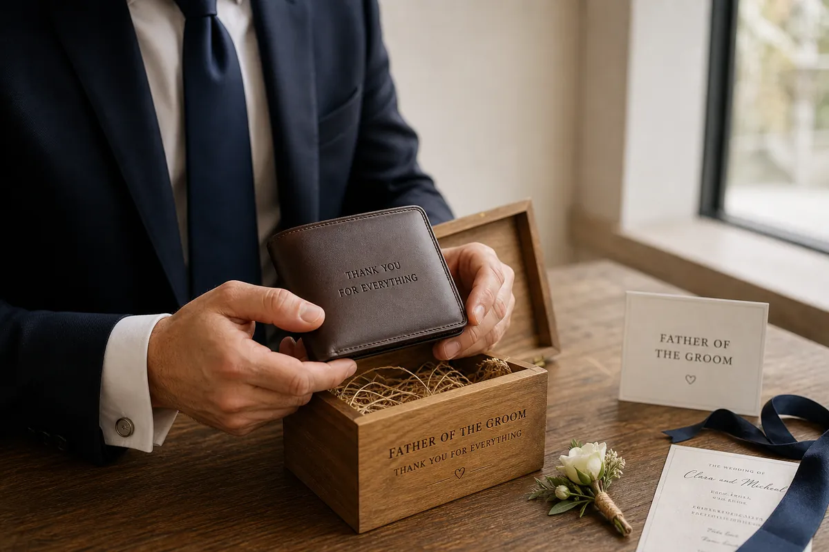 Handing a wrapped gift to the father of the groom