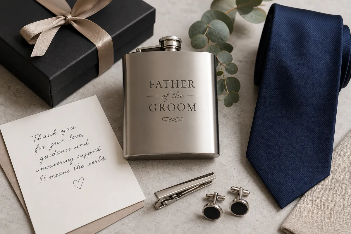 Flat-lay of a father of the groom gift with a presentation box