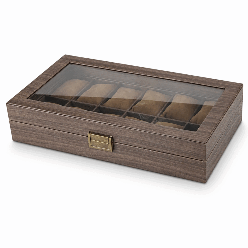 12-Slot Brushed Walnut Watch Box