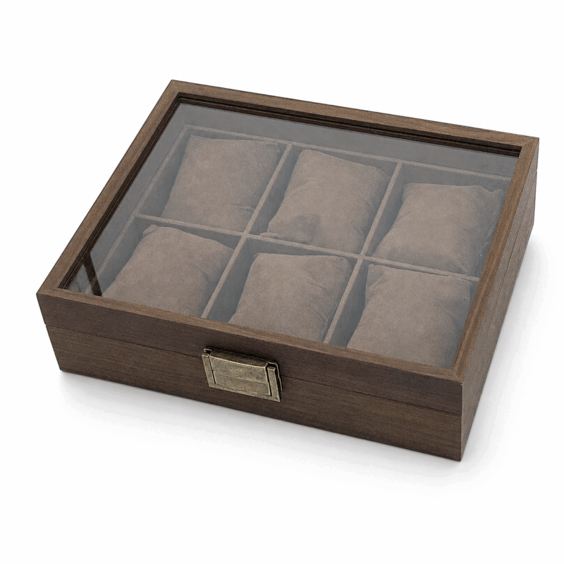 6 Slot Brushed Walnut Square Watch Box