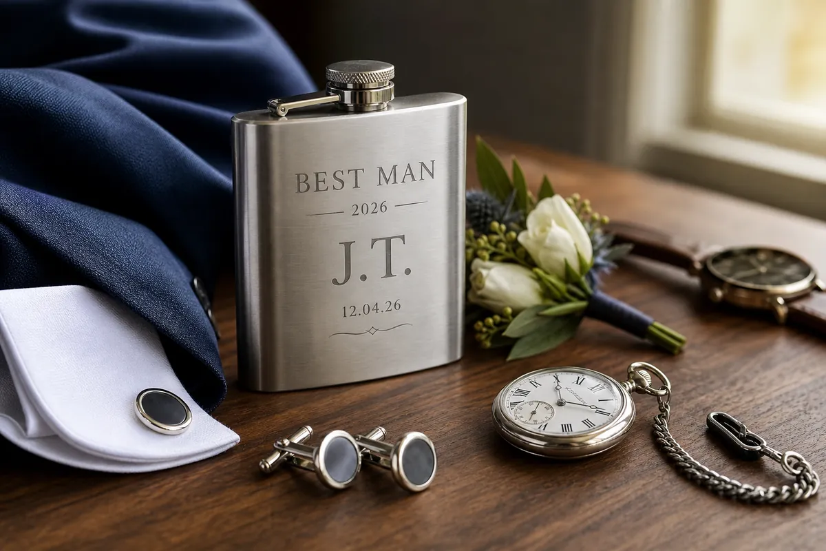 Groomsmen gift set with a pocket watch, cufflinks and hip flask