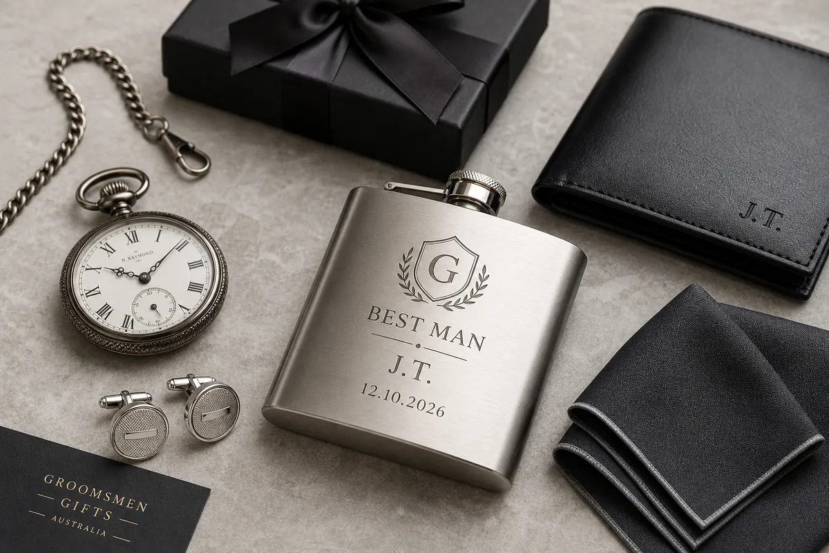 Flat-lay of groomsmen gifts arranged with presentation boxes
