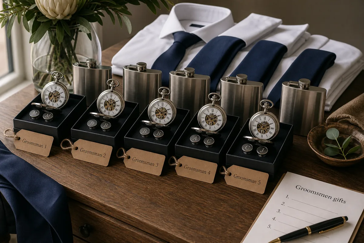 Groomsmen gift set with a pocket watch, cufflinks and hip flask