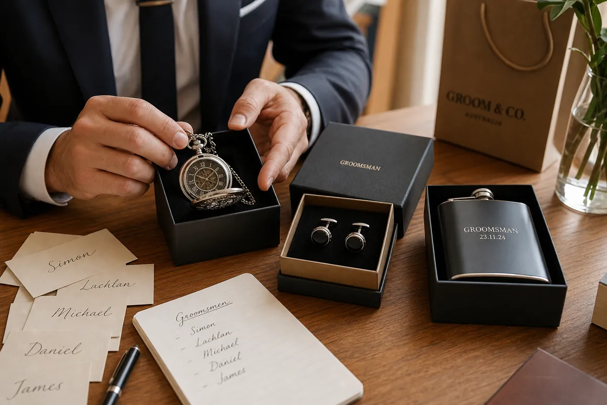Choosing a groomsmen gift from a boxed selection