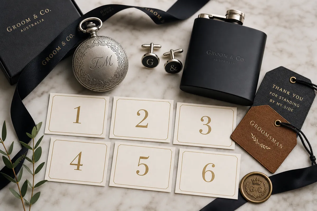 Flat-lay of groomsmen gifts arranged with presentation boxes