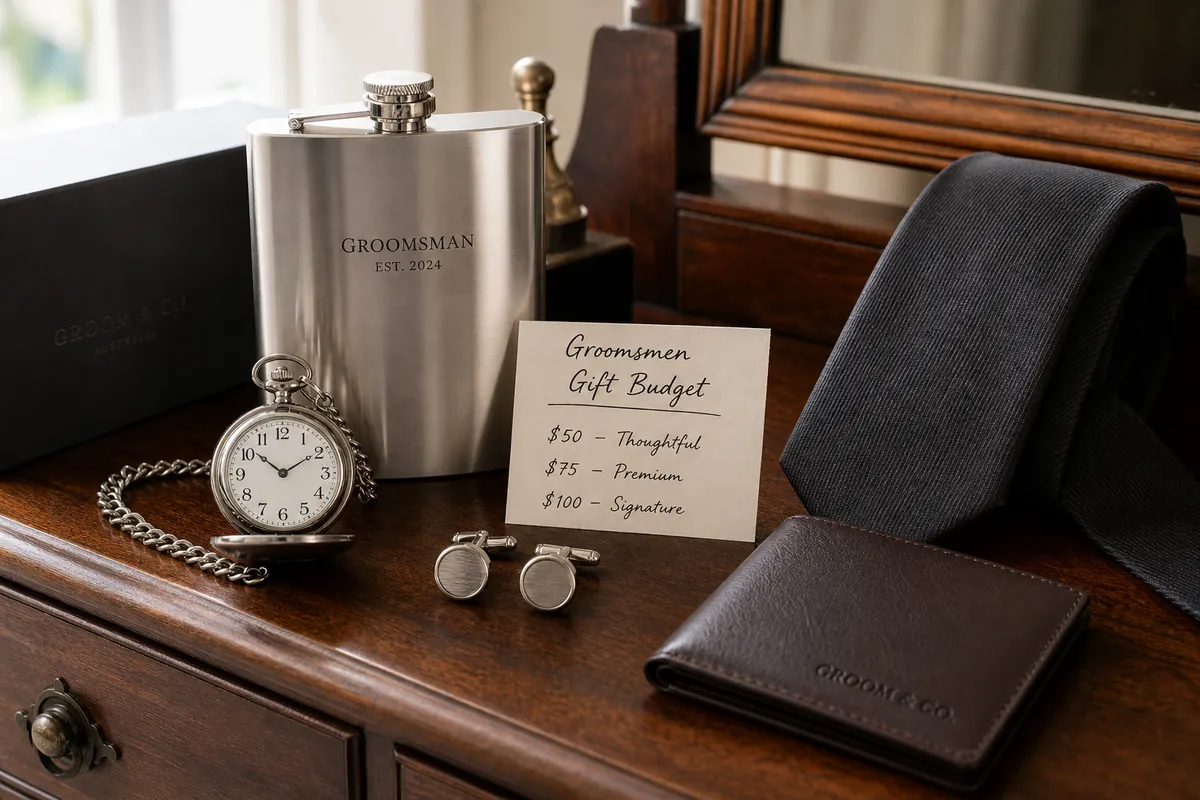Groomsmen gift set with a pocket watch, cufflinks and hip flask