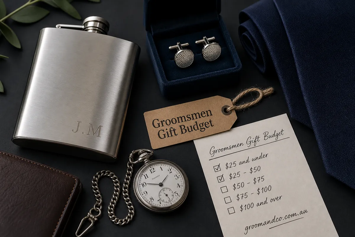Flat-lay of groomsmen gifts arranged with presentation boxes