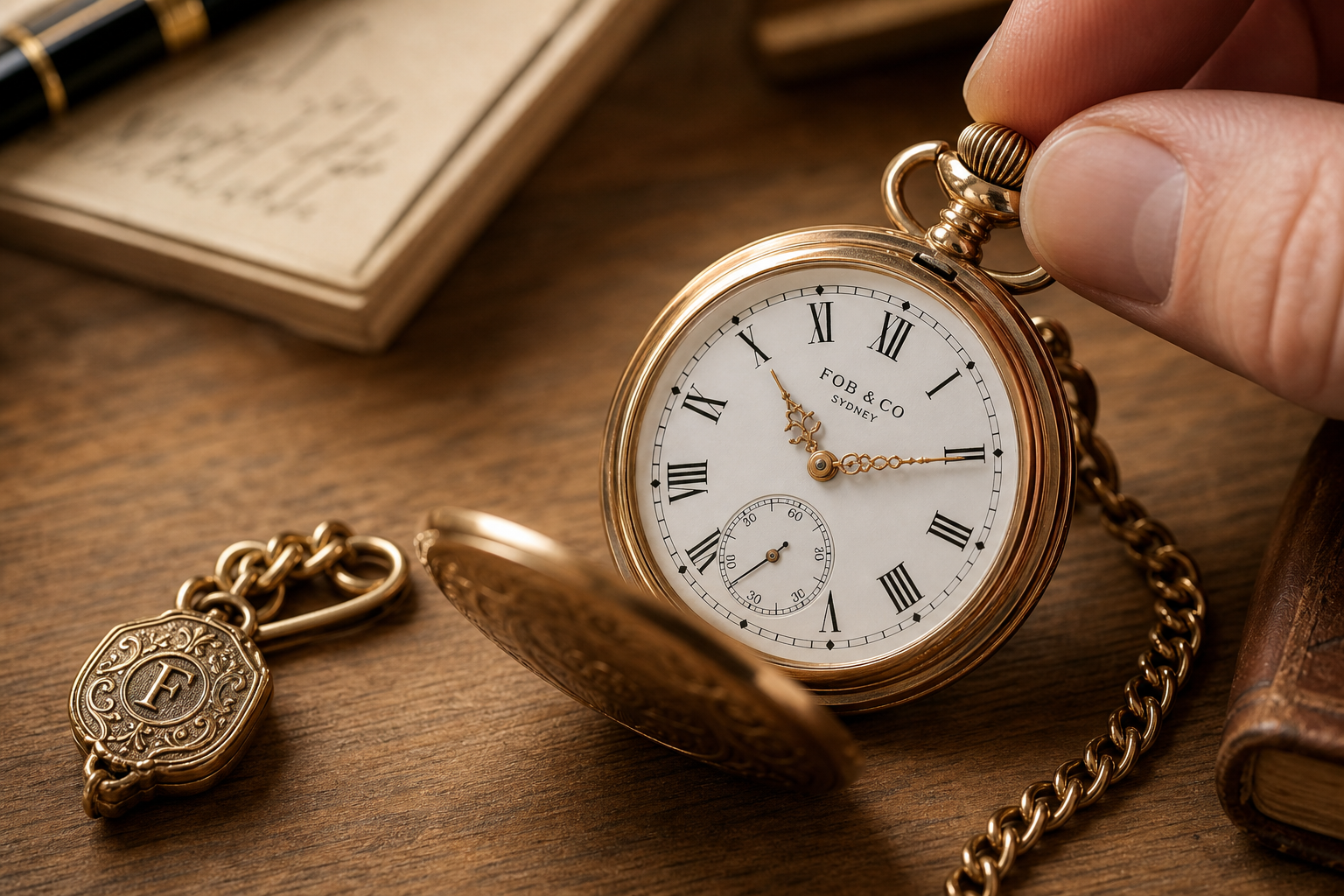 Hands winding a mechanical pocket watch by the crown