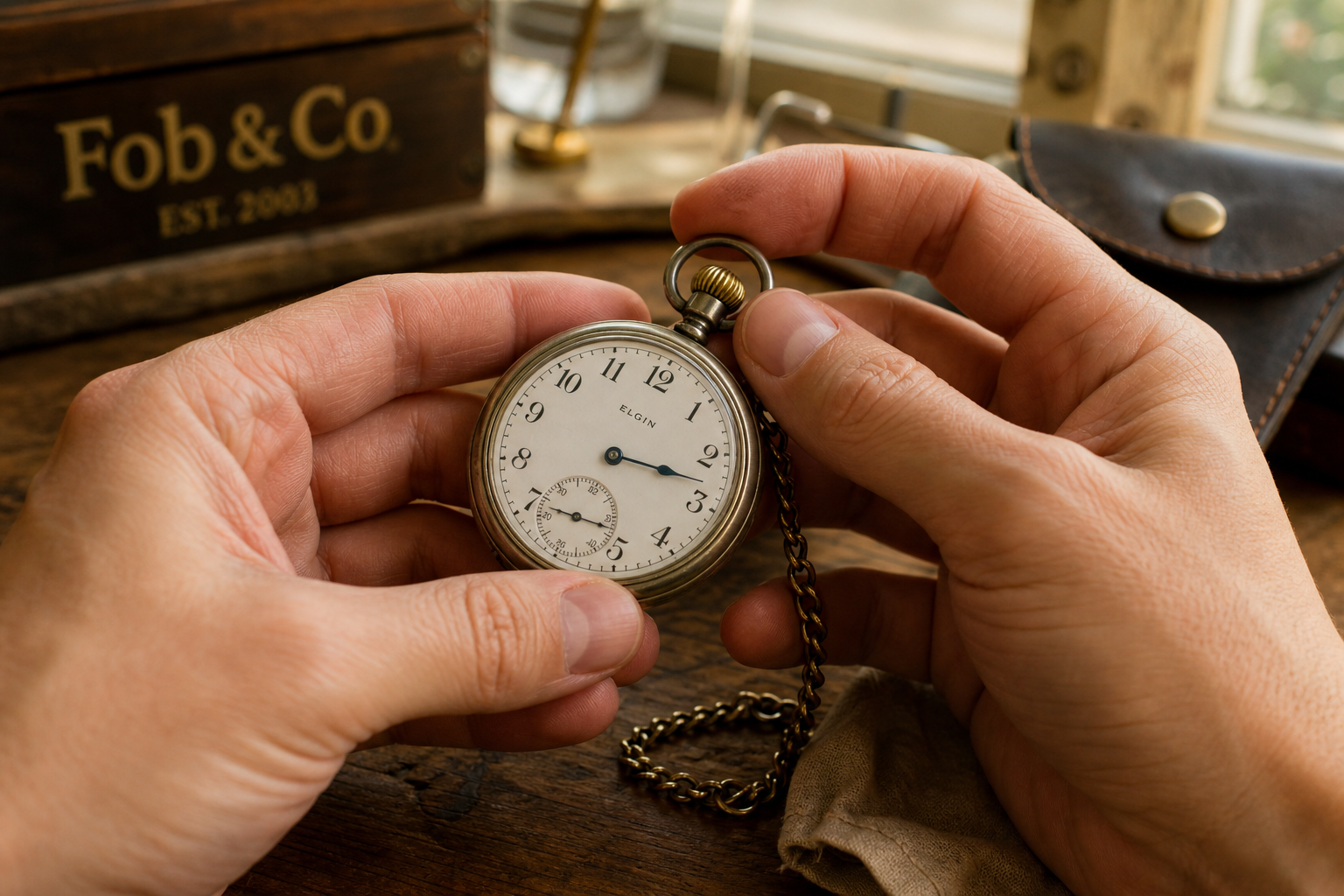 Setting the time on a pocket watch before a wedding