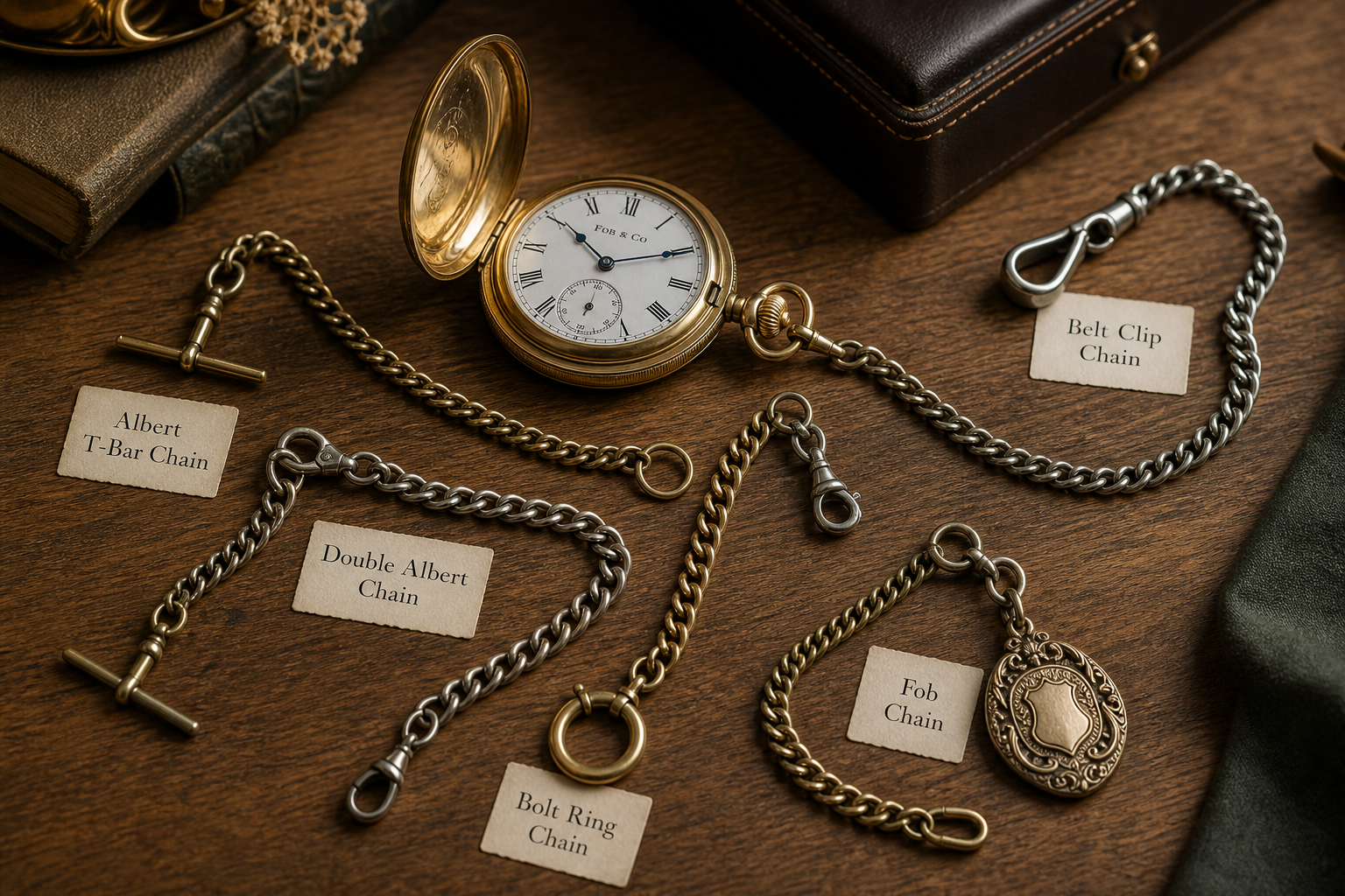 Albert chain attached to a pocket watch on a waistcoat