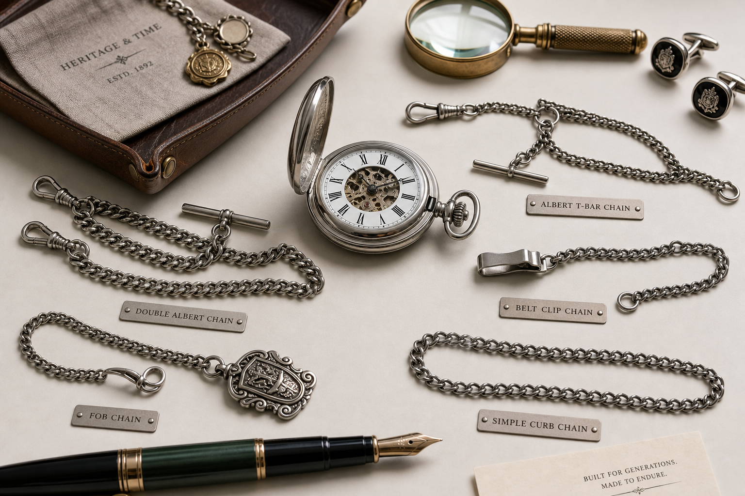 Close-up of a pocket watch case back with its chain