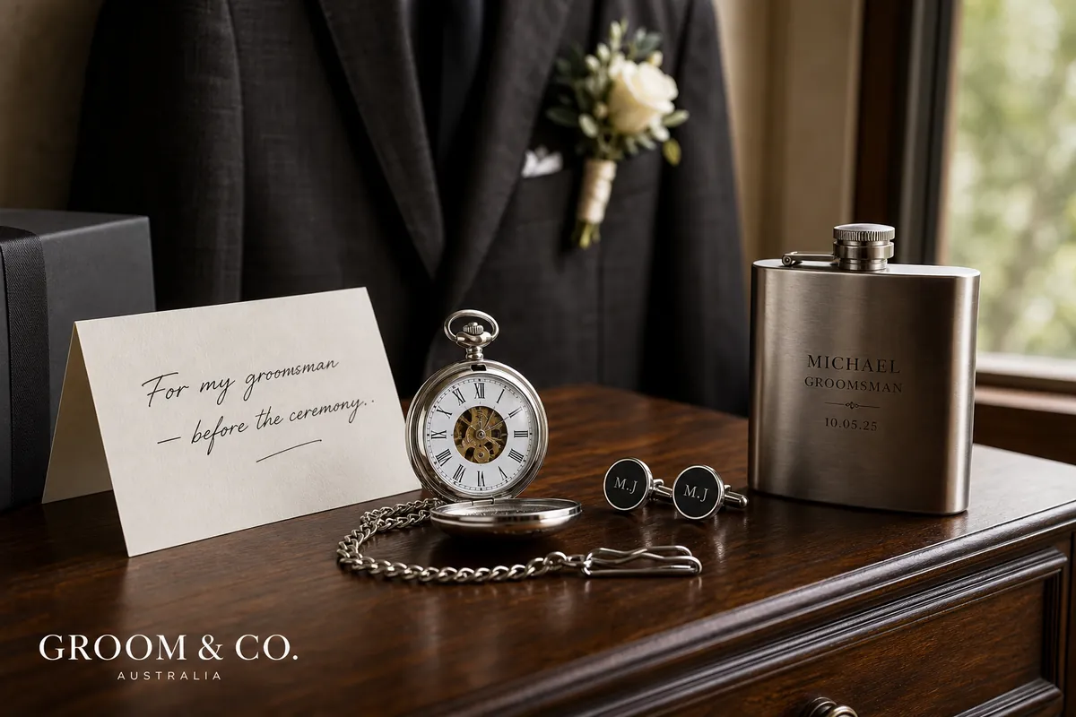 Groomsmen gift set with a pocket watch, cufflinks and hip flask