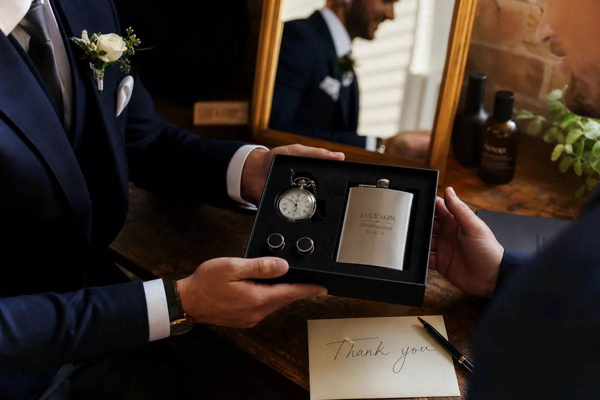 Choosing a groomsmen gift from a boxed selection