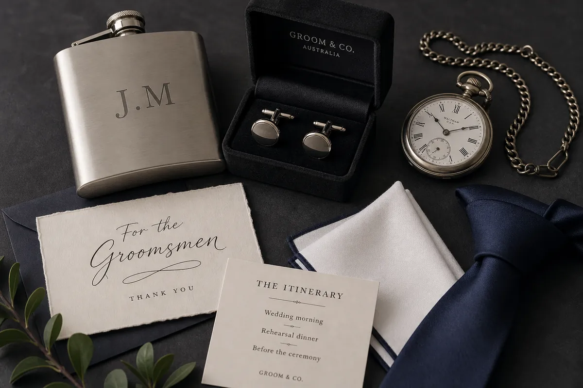 Flat-lay of groomsmen gifts arranged with presentation boxes