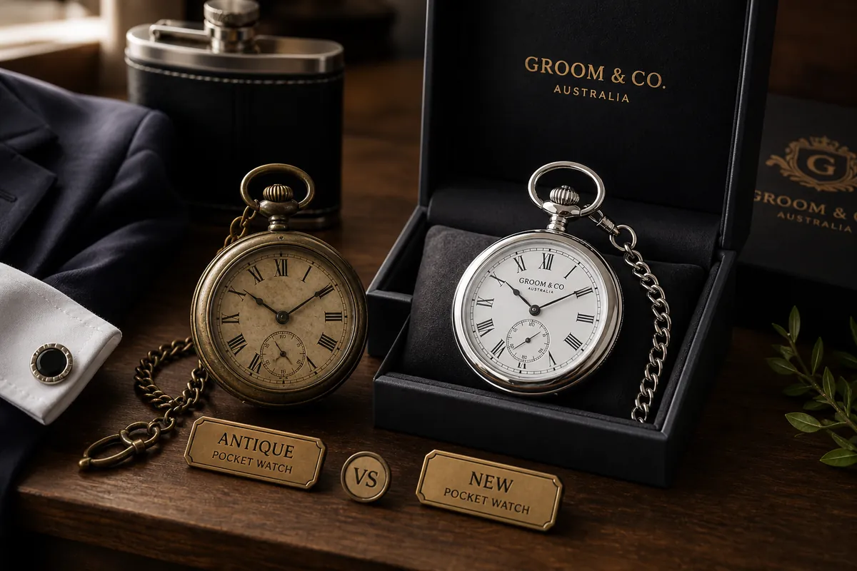 Groomsmen gift set with a pocket watch, cufflinks and hip flask