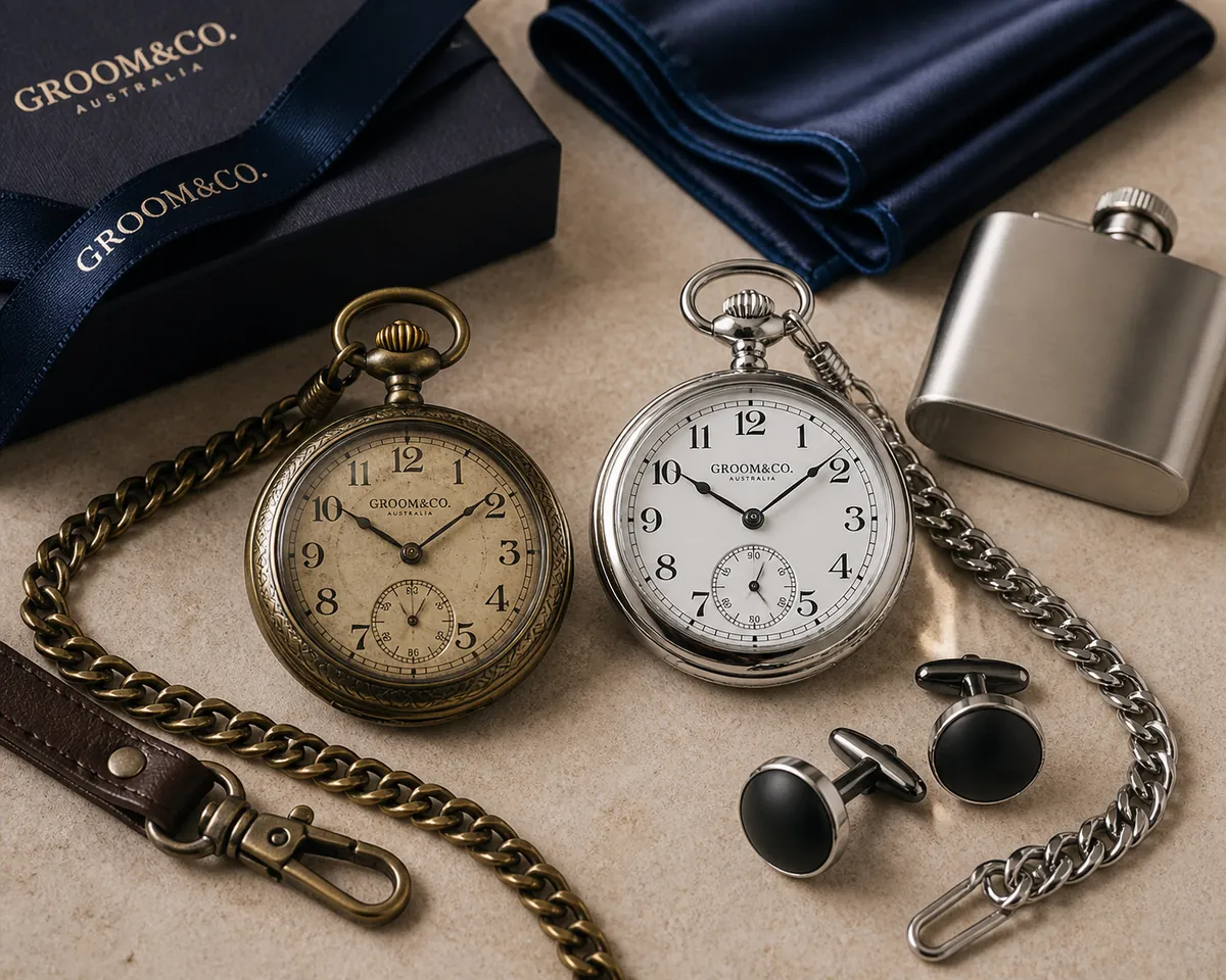 Flat-lay of groomsmen gifts arranged with presentation boxes