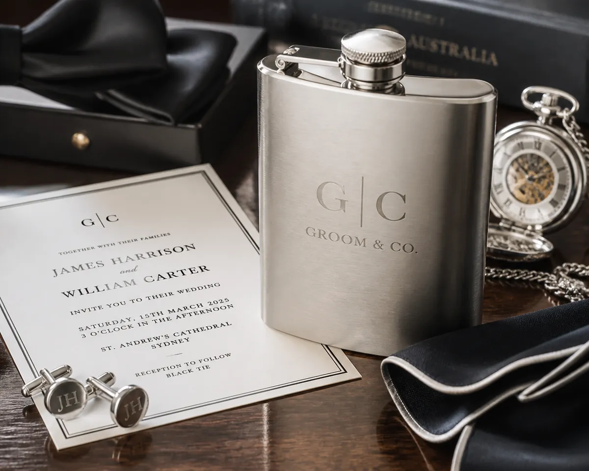 Groomsmen gift set with a pocket watch, cufflinks and hip flask