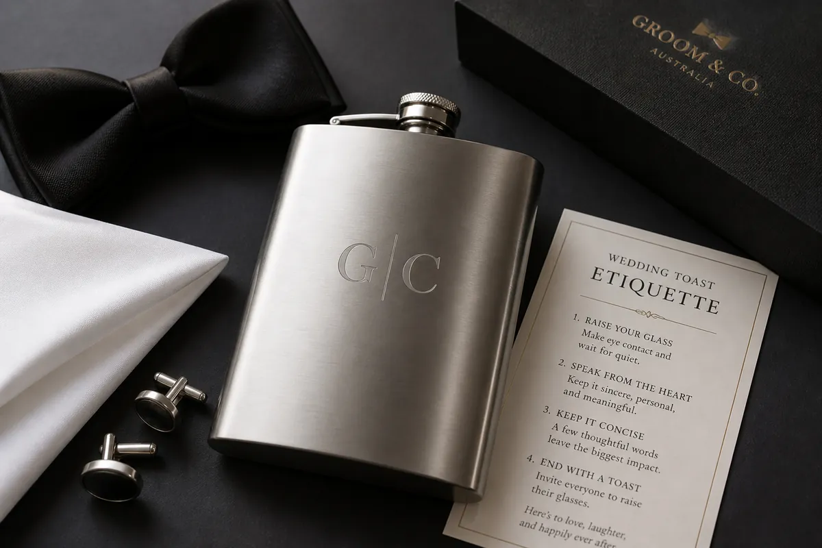 Flat-lay of groomsmen gifts arranged with presentation boxes
