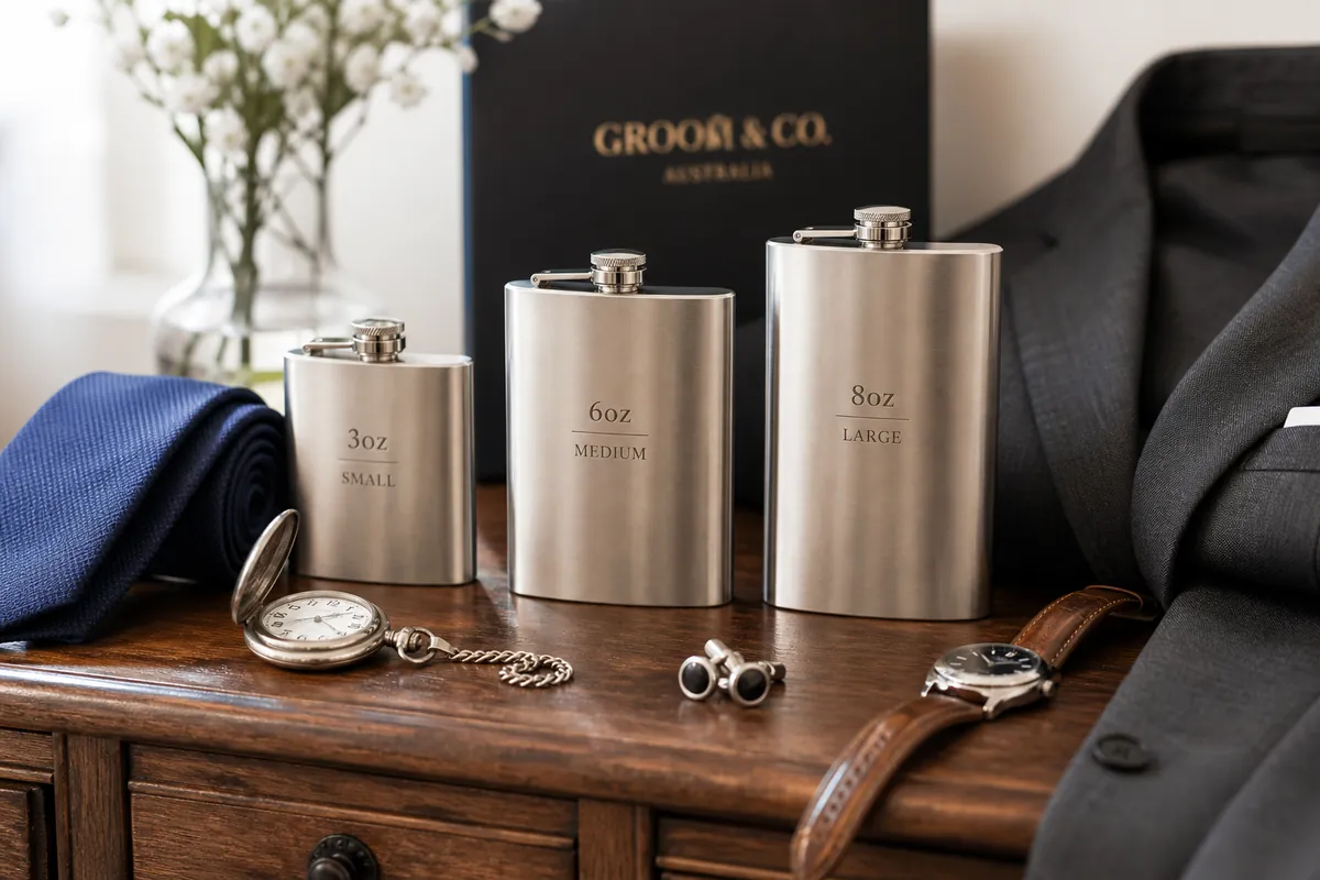 Groomsmen gift set with a pocket watch, cufflinks and hip flask