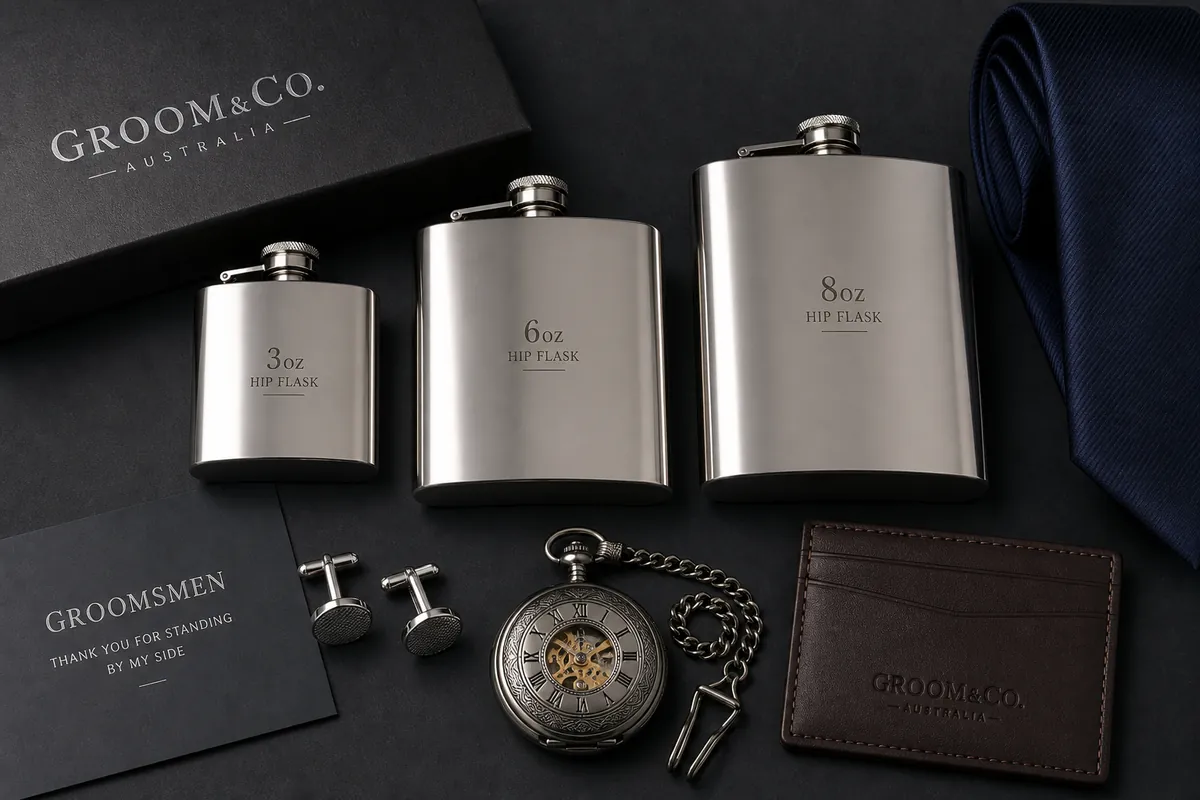 Flat-lay of groomsmen gifts arranged with presentation boxes
