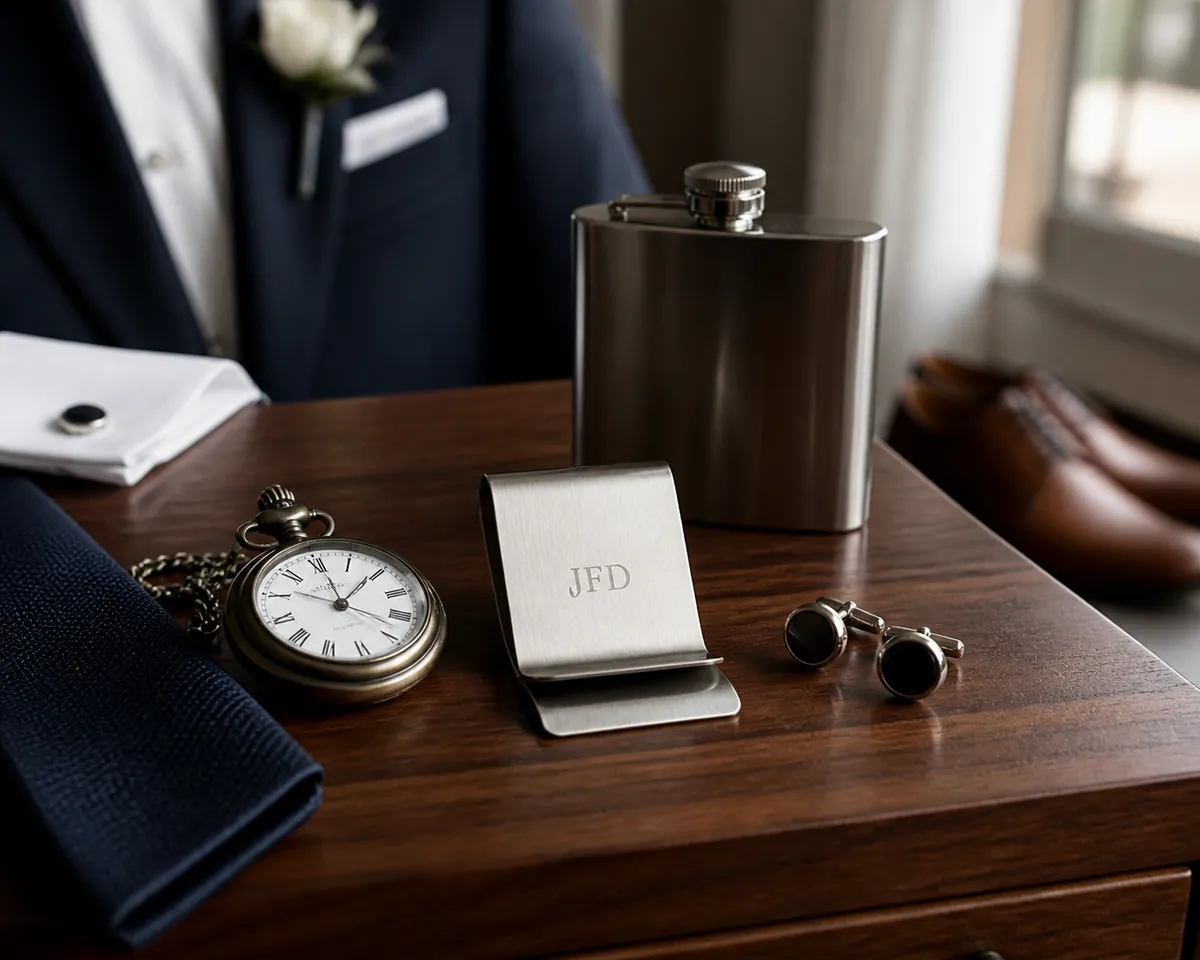 Groomsmen gift set with a pocket watch, cufflinks and hip flask