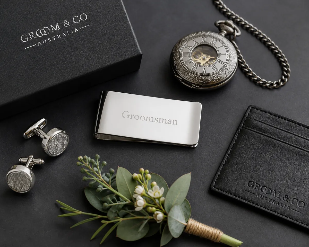 Flat-lay of groomsmen gifts arranged with presentation boxes