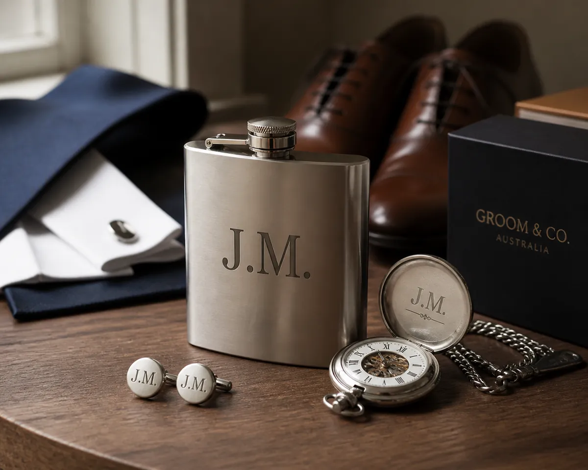 Groomsmen gift set with a pocket watch, cufflinks and hip flask