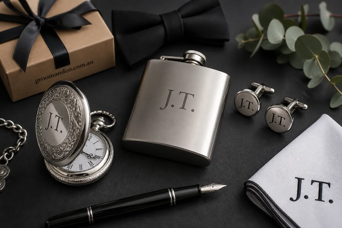 Flat-lay of groomsmen gifts arranged with presentation boxes